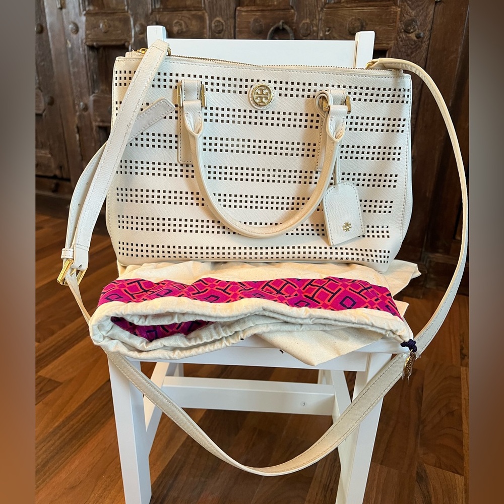 Unique TORY BURCH white with gold hardware shoulder/top handle bag